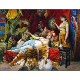 Reproduction peinture orientaliste XIXe scène harem odalisque peau de tigre perroquet cygne tentures rouges
