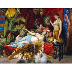 Reproduction peinture orientaliste XIXe scène harem odalisque peau de tigre perroquet cygne tentures rouges