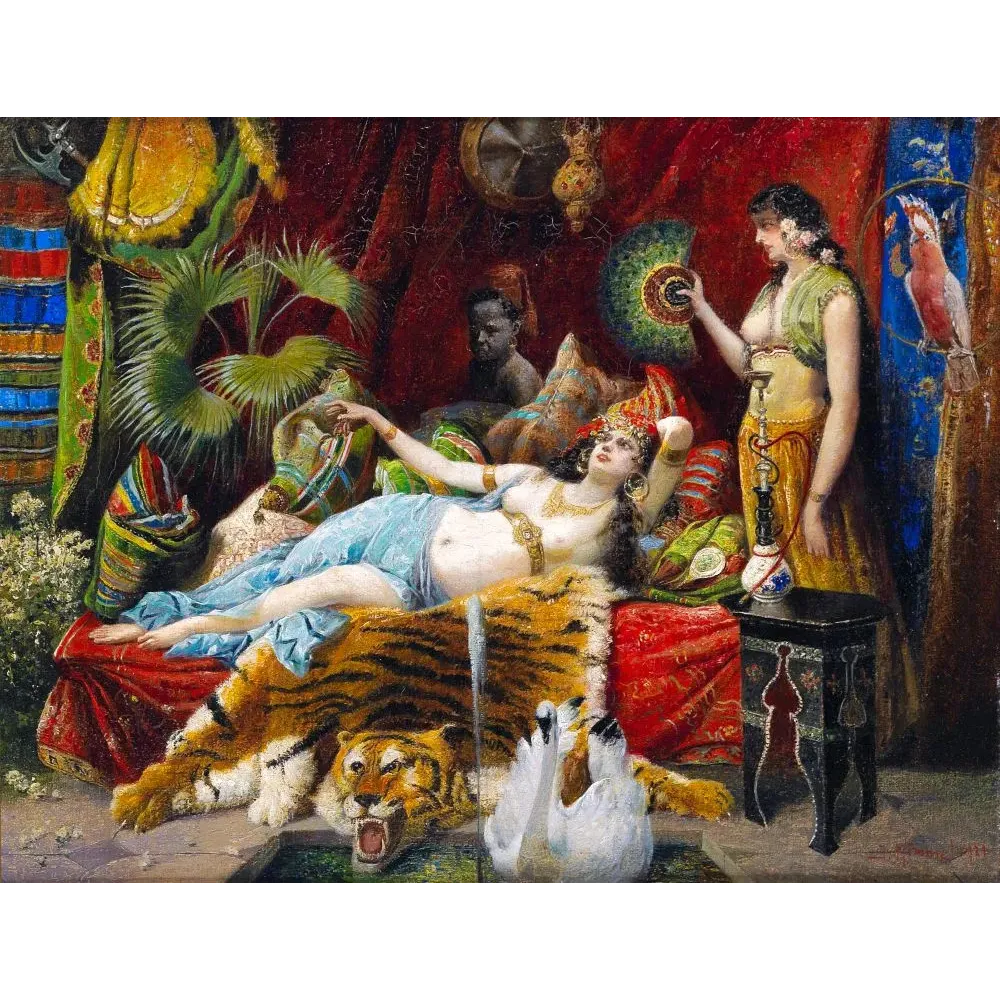 Reproduction peinture orientaliste XIXe scène harem odalisque peau de tigre perroquet cygne tentures rouges Reproduction peinture orientaliste XIXe scène harem odalisque peau de tigre perroquet cygne tentures rouges