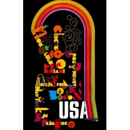 Affiche touristique USA années 1960 U.S. Department of Commerce typographie psychédélique Honolulu Chicago Miami New York Boston