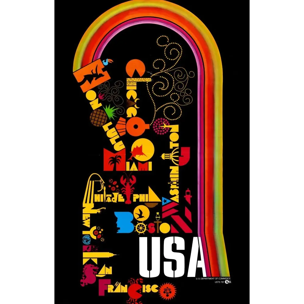 Affiche touristique USA années 1960 U.S. Department of Commerce typographie psychédélique Honolulu Chicago Miami New York Boston Affiche touristique USA années 1960 U.S. Department of Commerce typographie psychédélique Honolulu Chicago Miami New York Boston
