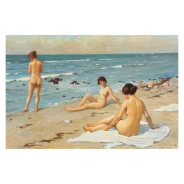 Reproduction peinture académique fin XIXe baigneuses nues plage galets mer turquoise lumière dorée plein air