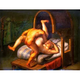 Reproduction peinture galante érotique académique XVIIIe XIXe siècle scène intime lumière dorée lit baldaquin art européen