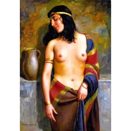 Reproduction peinture Hassenteufel Munich femme orientale bandeau doré bracelets drapé multicolore jarre
