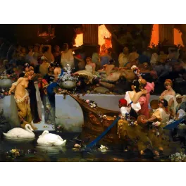 Reproduction grande peinture académique fin XIXe fête nocturne eau gondoles fleuries cygnes blancs femmes drapées palais antique
