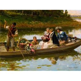 Peinture académique Adrien Moreau barque rivière personnages costumés fleurs paniers reflets eau