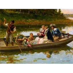 Peinture académique Adrien Moreau barque rivière personnages costumés fleurs paniers reflets eau