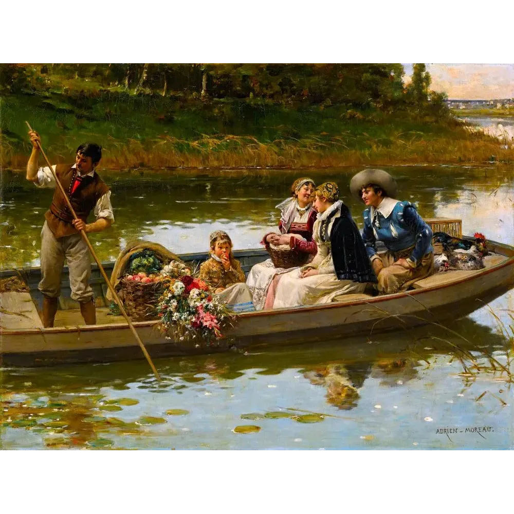Peinture académique Adrien Moreau barque rivière personnages costumés fleurs paniers reflets eau Peinture académique Adrien Moreau barque rivière personnages costumés fleurs paniers reflets eau