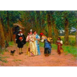 Peinture académique Adrien Moreau 1878 diseuse bonne aventure aristrocrates gitans sous-bois tambourin