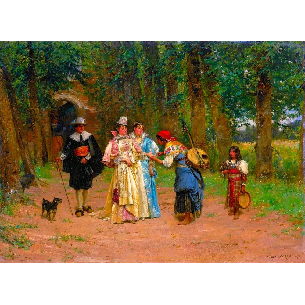 Peinture académique Adrien Moreau 1878 diseuse bonne aventure aristrocrates gitans sous-bois tambourin Peinture académique Adrien Moreau 1878 diseuse bonne aventure aristrocrates gitans sous-bois tambourin