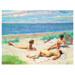 Peinture académique Paul Fischer trois femmes nues plage sable dunes mer turquoise ombrelle colorée