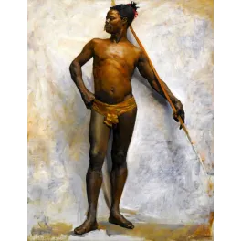 Peinture académique orientaliste étude en pied homme africain debout bâton pagne doré fond gris ocre