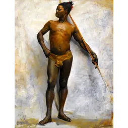 Peinture académique orientaliste étude en pied homme africain debout bâton pagne doré fond gris ocre
