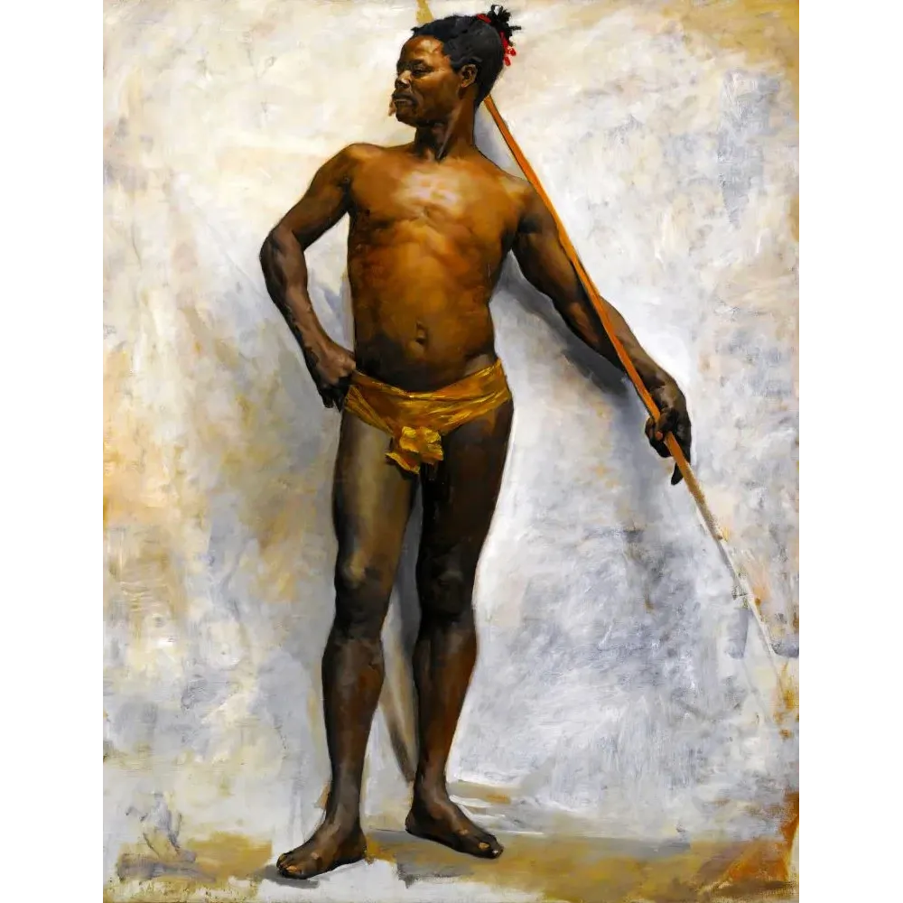 Peinture académique orientaliste étude en pied homme africain debout bâton pagne doré fond gris ocre Peinture académique orientaliste étude en pied homme africain debout bâton pagne doré fond gris ocre