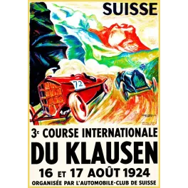 Affiche course automobile Klausen Suisse 1924 Emil Huber deux bolides virage alpin Gebr. Fretz Zurich