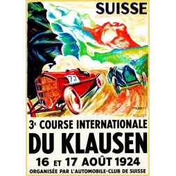 Affiche course automobile Klausen Suisse 1924 Emil Huber deux bolides virage alpin Gebr. Fretz Zurich