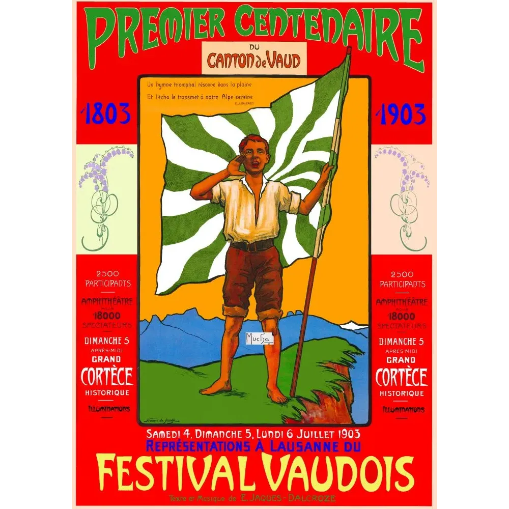 Affiche Alfons Mucha Festival Vaudois 1903 Premier Centenaire Canton Vaud Lausanne drapeau vert blanc Affiche Alfons Mucha Festival Vaudois 1903 Premier Centenaire Canton Vaud Lausanne drapeau vert blanc