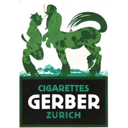 Affiche publicitaire Cigarettes Gerber Zürich Kuhler deux créatures vertes fantastiques paysage alpin