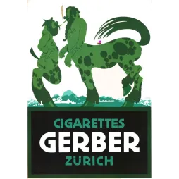 Affiche publicitaire Cigarettes Gerber Zürich Kuhler deux créatures vertes fantastiques paysage alpin