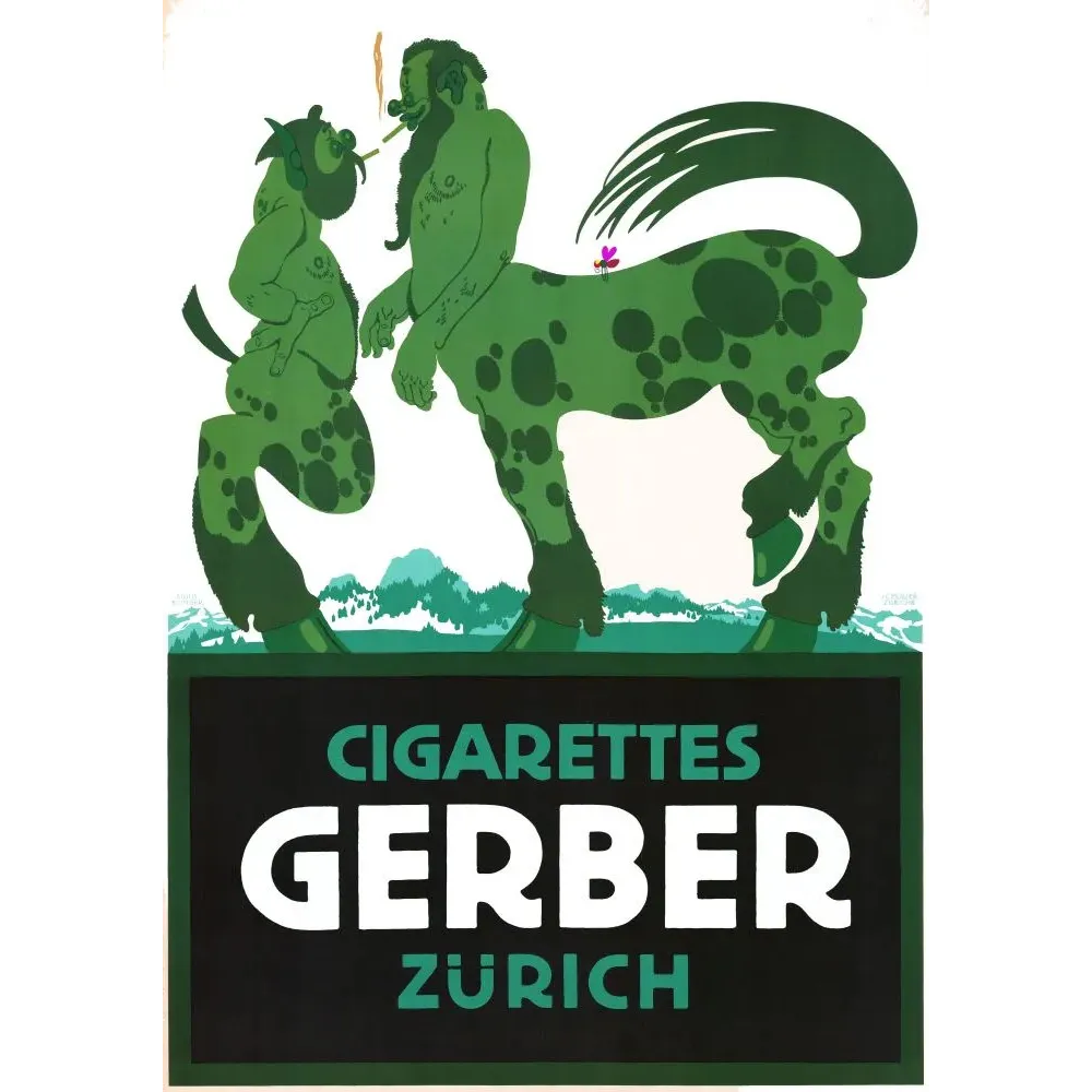 Affiche publicitaire Cigarettes Gerber Zürich Kuhler deux créatures vertes fantastiques paysage alpin Affiche publicitaire Cigarettes Gerber Zürich Kuhler deux créatures vertes fantastiques paysage alpin