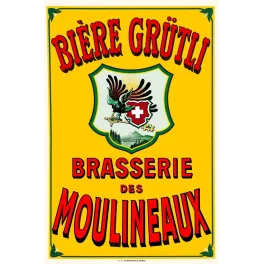 Affiche publicitaire Bière Grütli Brasserie des Moulineaux blason aigle suisse fond jaune F. Champenois Paris