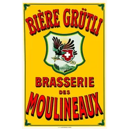 Affiche publicitaire Bière Grütli Brasserie des Moulineaux blason aigle suisse fond jaune F. Champenois Paris