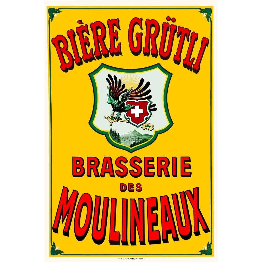 Affiche publicitaire Bière Grütli Brasserie des Moulineaux blason aigle suisse fond jaune F. Champenois Paris Affiche publicitaire Bière Grütli Brasserie des Moulineaux blason aigle suisse fond jaune F. Champenois Paris
