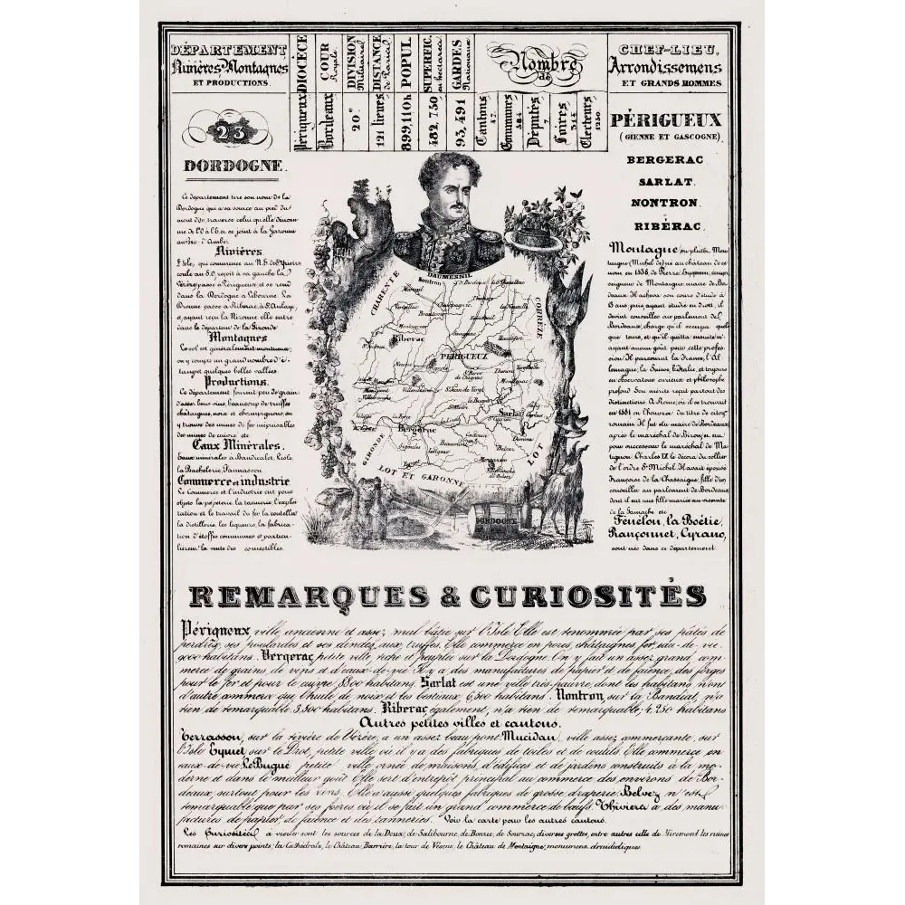 Document statistique département Dordogne n°23 carte Périgueux portrait Montaigne Fénelon curiosités XIXe siècle Document statistique département Dordogne n°23 carte Périgueux portrait Montaigne Fénelon curiosités XIXe siècle