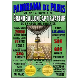 Affiche Grand Ballon Captif à Vapeur Henry Giffard Cour Tuileries Paris panorama nacelle médaille commémorative