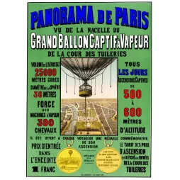 Affiche Grand Ballon Captif à Vapeur Henry Giffard Cour Tuileries Paris panorama nacelle médaille commémorative