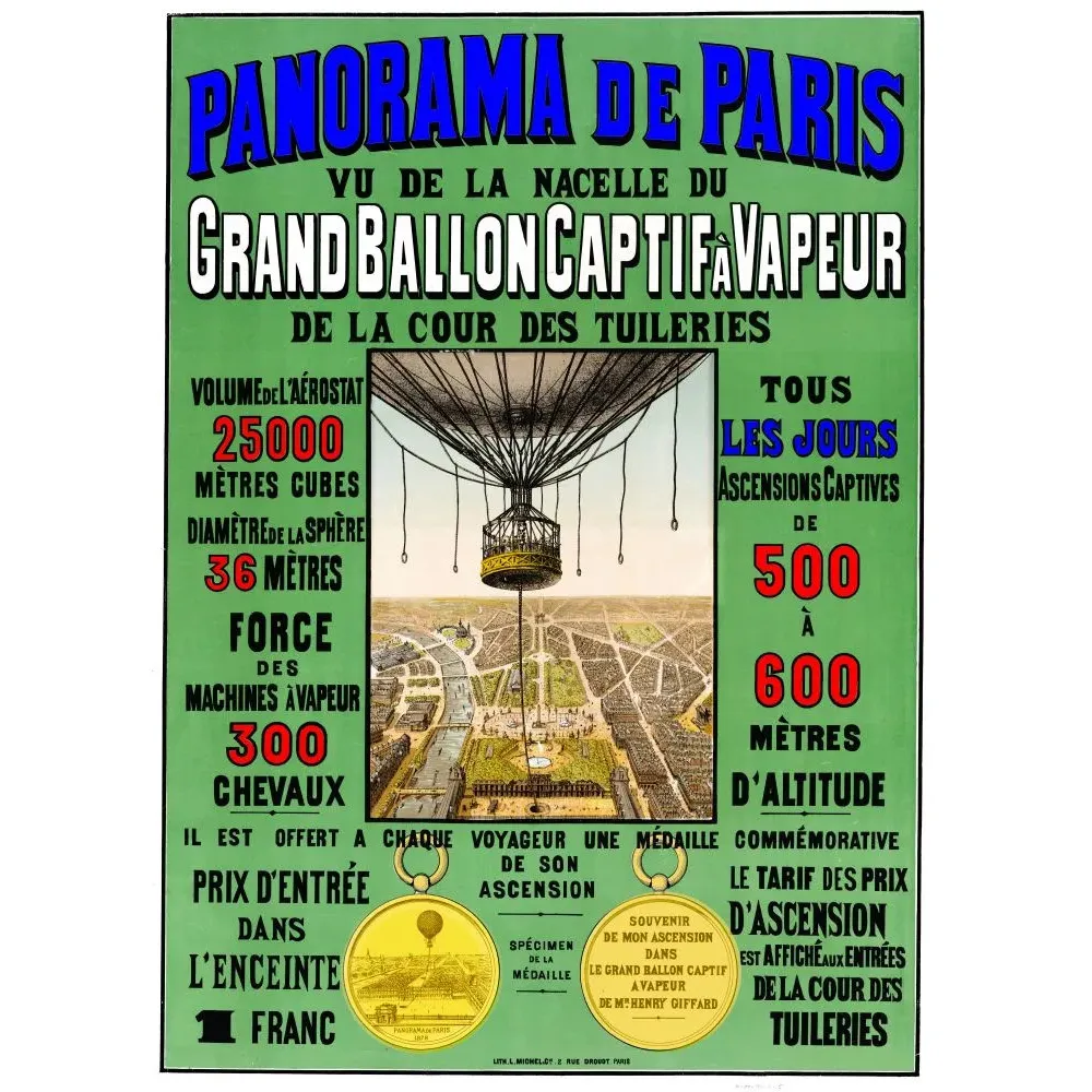 Affiche Grand Ballon Captif à Vapeur Henry Giffard Cour Tuileries Paris panorama nacelle médaille commémorative Affiche Grand Ballon Captif à Vapeur Henry Giffard Cour Tuileries Paris panorama nacelle médaille commémorative