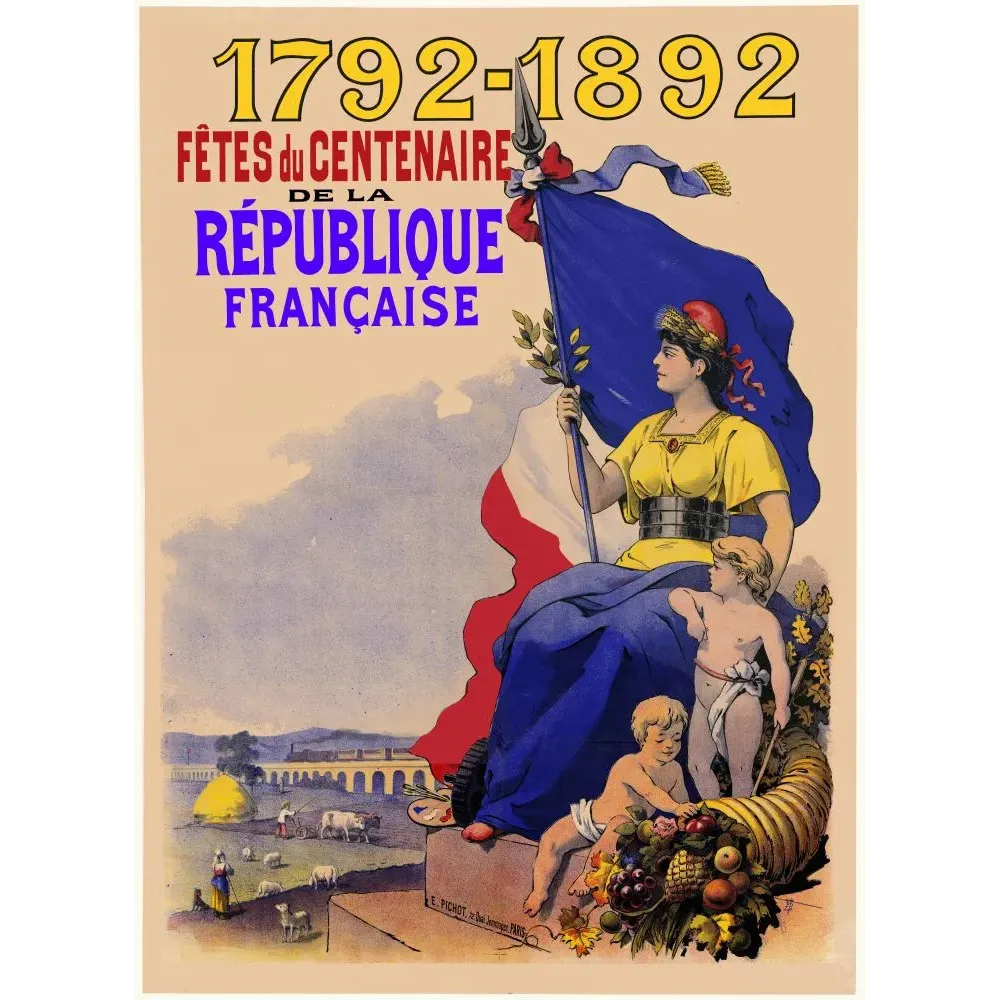 Affiche Fêtes Centenaire République Française 1792-1892 Marianne drapeau tricolore cornucopia E. Pichot Paris
