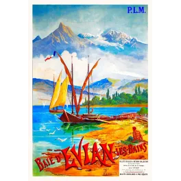Affiche touristique PLM Baie Évian-les-Bains Francaville voiliers lac Léman sommets alpins enneigés