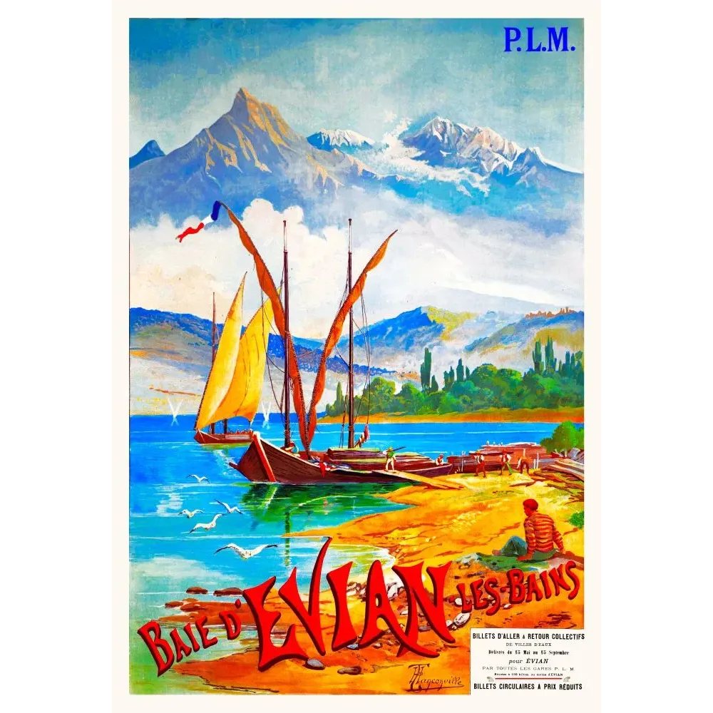 Affiche touristique PLM Baie Évian-les-Bains Francaville voiliers lac Léman sommets alpins enneigés Affiche touristique PLM Baie Évian-les-Bains Francaville voiliers lac Léman sommets alpins enneigés