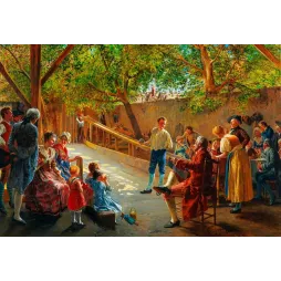 Peinture académique partie de boules cour auberge XVIIIe personnages costumés arbres lumière
