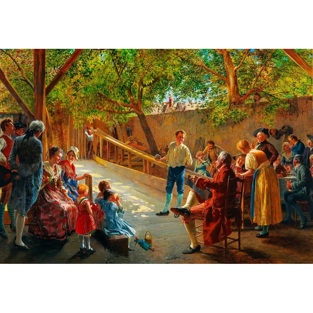 Peinture académique partie de boules cour auberge XVIIIe personnages costumés arbres lumière