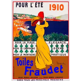 Affiche mode Toiles Fraudet 1910 Maphiello élégante robe jaune chapeau bord bai balnéaire Percasson Paris