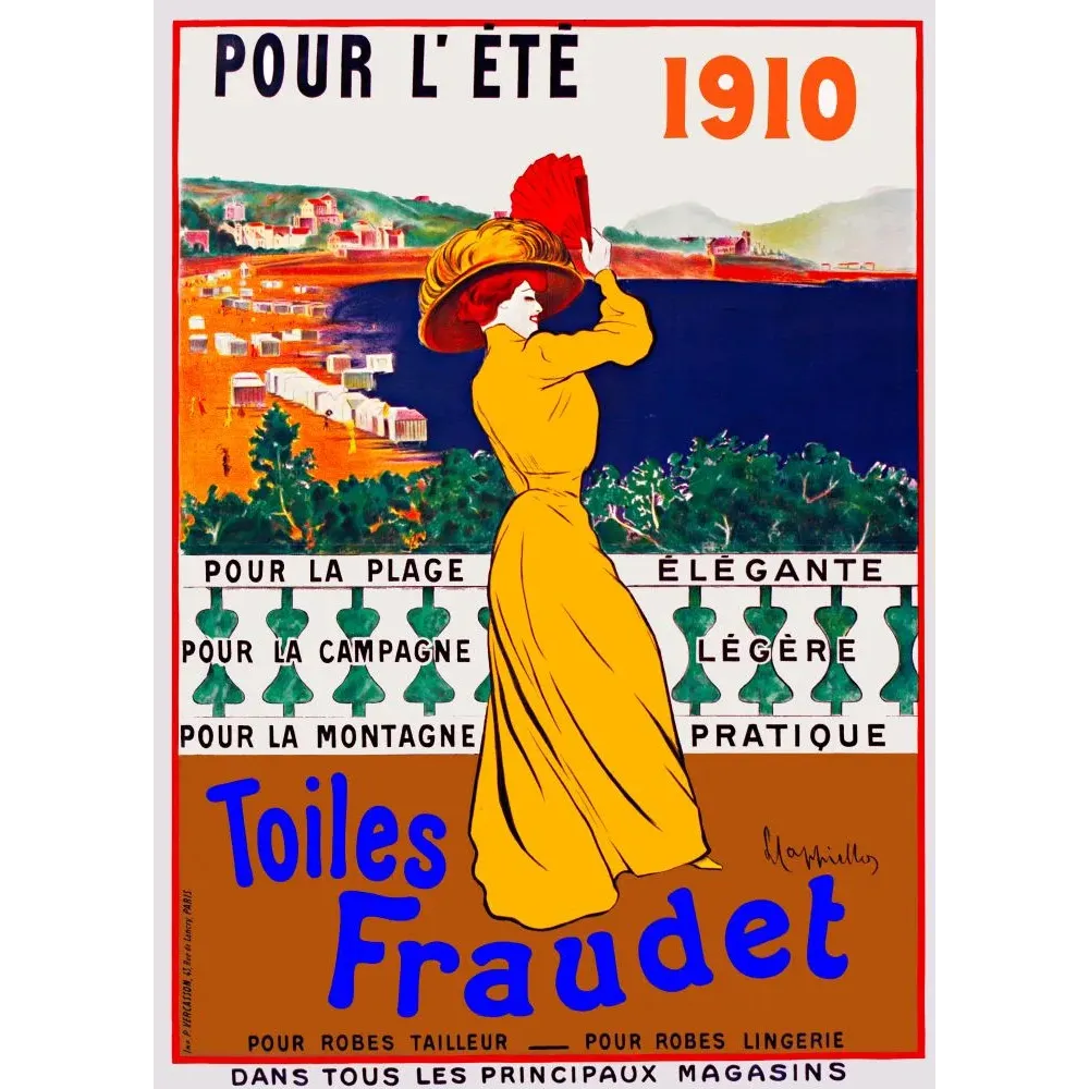 Affiche mode Toiles Fraudet 1910 Maphiello élégante robe jaune chapeau bord bai balnéaire Percasson Paris Affiche mode Toiles Fraudet 1910 Maphiello élégante robe jaune chapeau bord bai balnéaire Percasson Paris