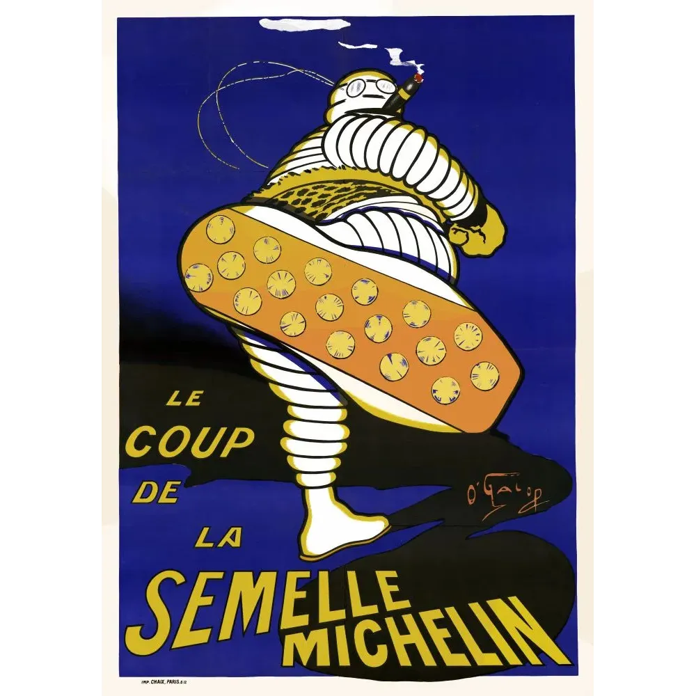 Affiche publicitaire Michelin Bibendum semelle cloutée O'Galop fond bleu nuit cigare lunettes Chaix Paris Affiche publicitaire Michelin Bibendum semelle cloutée O'Galop fond bleu nuit cigare lunettes Chaix Paris