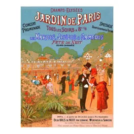 Affiche Jardin de Paris Champs-Élysées concert promenade fête nuit soirée dansante couple élégant lampions