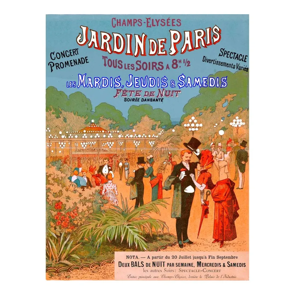 Affiche Jardin de Paris Champs-Élysées concert promenade fête nuit soirée dansante couple élégant lampions