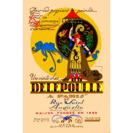 Affiche publicité Delepoulle papiers peints Paris Art Déco figure orientaliste Pierre Vincent fond jaune lanterne