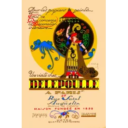 Affiche publicité Delepoulle papiers peints Paris Art Déco figure orientaliste Pierre Vincent fond jaune lanterne