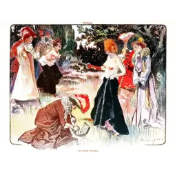 Illustration satirique Féminisme Une Affaire d'Honneur duel femmes épée Fler Bancojan jardin témoins élégantes