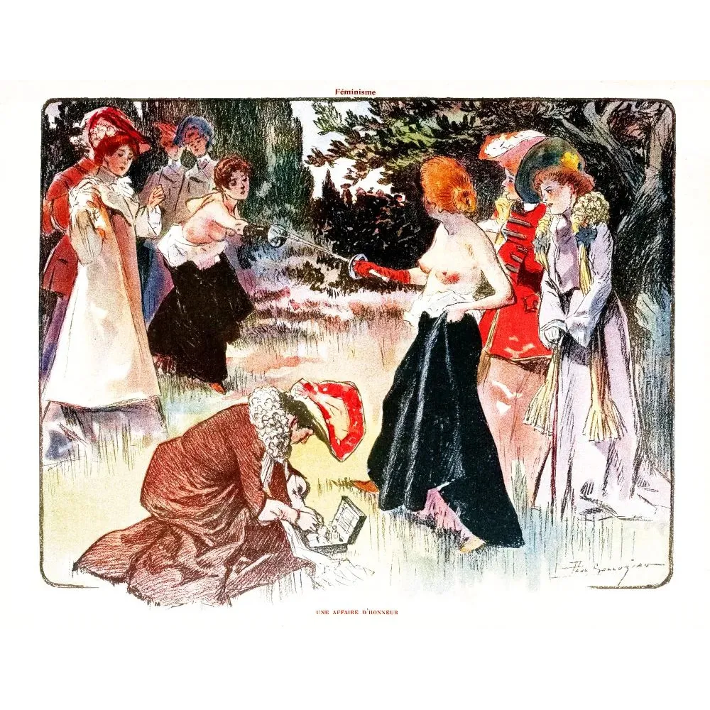 Illustration satirique Féminisme Une Affaire d'Honneur duel femmes épée Fler Bancojan jardin témoins élégantes Illustration satirique Féminisme Une Affaire d'Honneur duel femmes épée Fler Bancojan jardin témoins élégantes