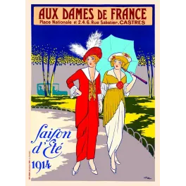 Affiche mode Aux Dames de France Castres 1914 deux élégantes promenade ombrelle rouge signé Mahn Chaix Paris