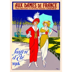 Affiche mode Aux Dames de France Castres 1914 deux élégantes promenade ombrelle rouge signé Mahn Chaix Paris