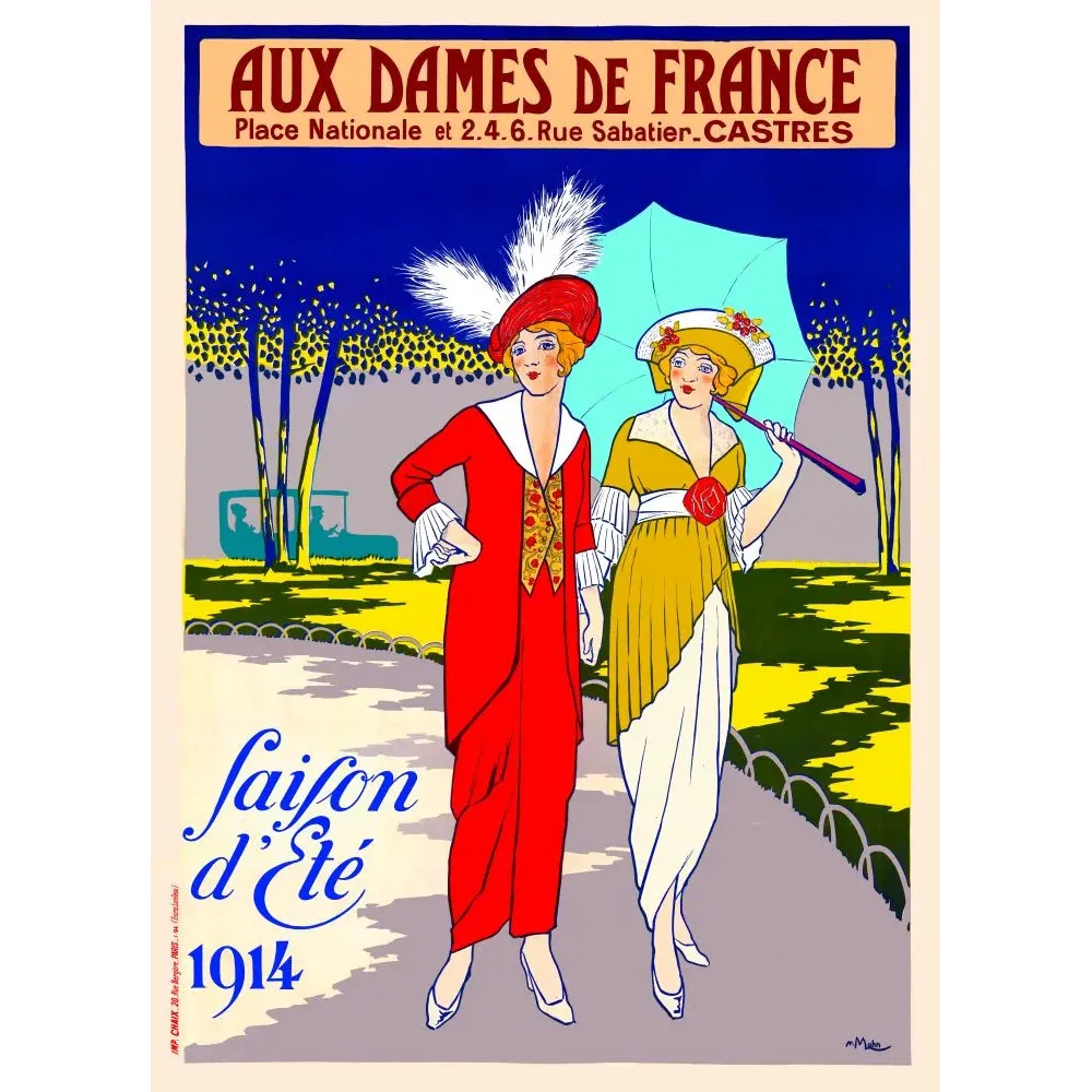 Affiche mode Aux Dames de France Castres 1914 deux élégantes promenade ombrelle rouge signé Mahn Chaix Paris Affiche mode Aux Dames de France Castres 1914 deux élégantes promenade ombrelle rouge signé Mahn Chaix Paris