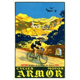 Affiche Cycles Motos Armor 1925 coureur Matton Critérium des Aiglons montagne paysage ocre vélo course