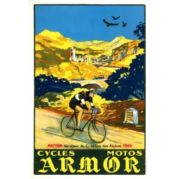 Affiche Cycles Motos Armor 1925 coureur Matton Critérium des Aiglons montagne paysage ocre vélo course